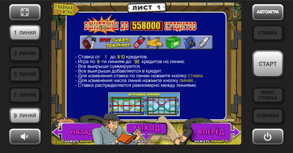 Описание символов и выигрыши по ним Garage символы - описание